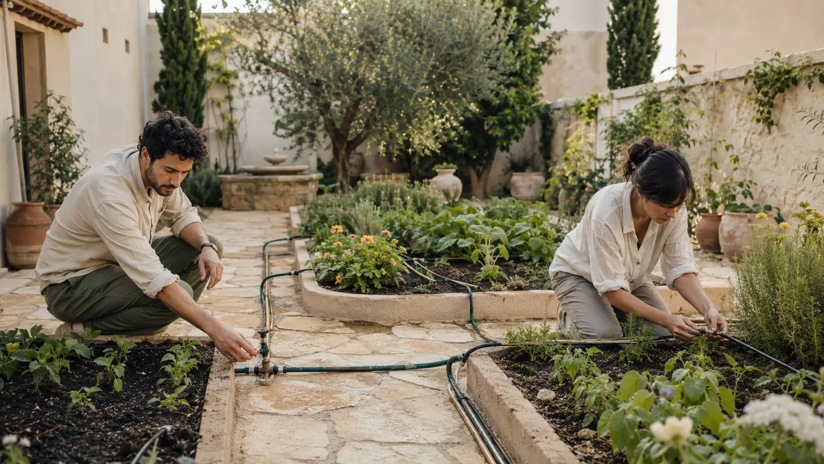 Two adults tending different parts of the same garden.